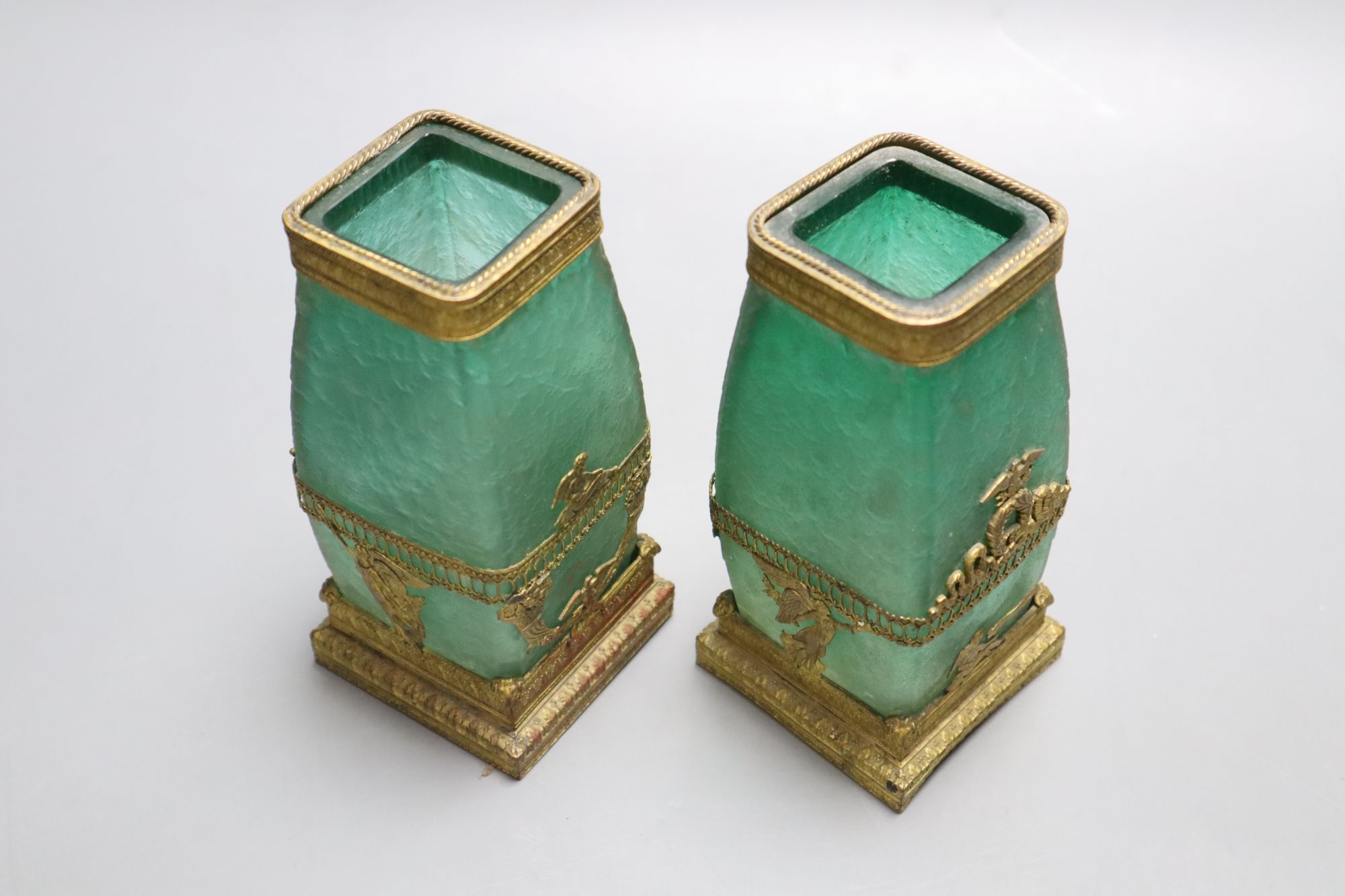 A pair of 19th century French acid-etched emerald green cameo glass vases, H 15cm